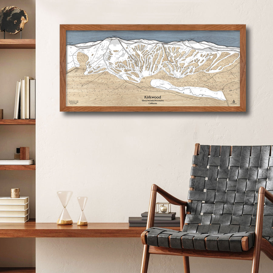 Kirkwood Mountain Wooden Trail Map, Framed Skiing Sign of kirkwood mountain ski trails and mountain peaks. 