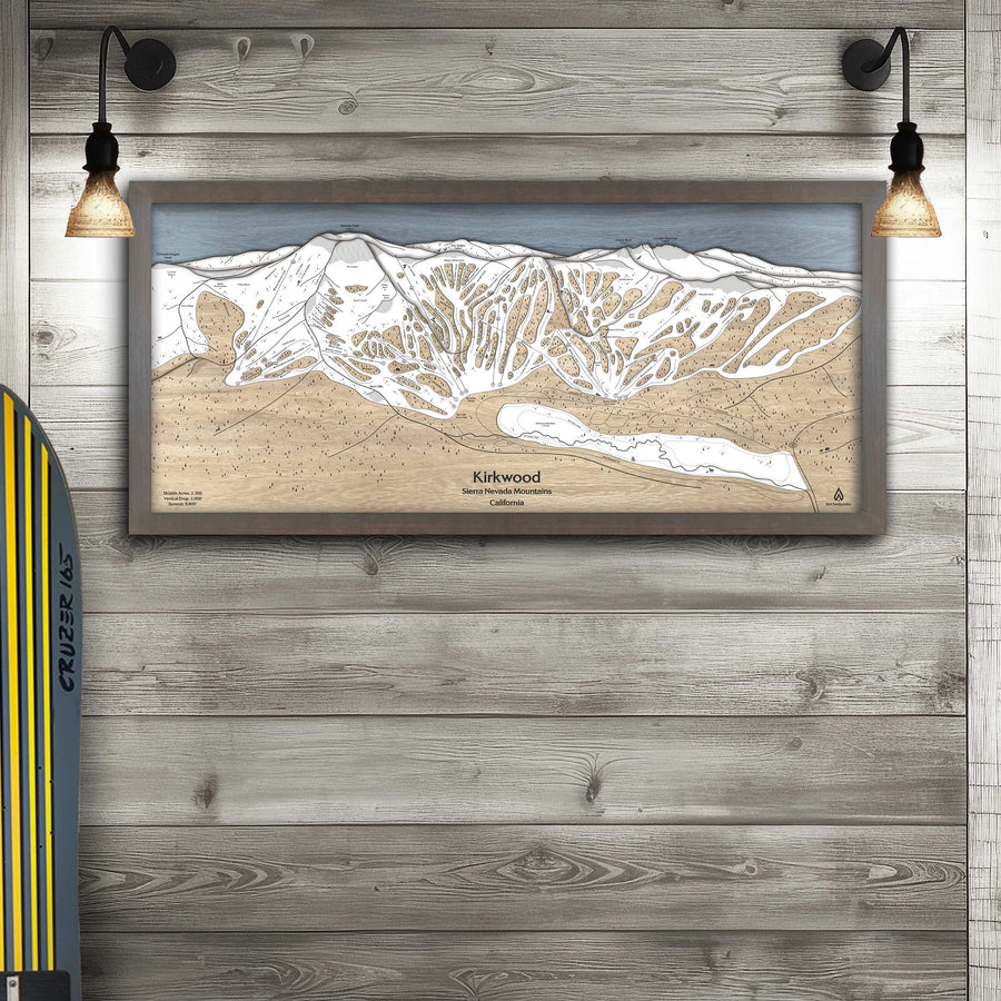 Kirkwood Ski Area Map, Laser-cut wooden map, 3D artwork of kirkwood mountain in california. Slopes Mountain Art