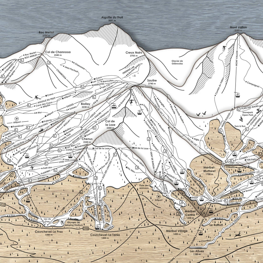 Les Trois Vallées, Val Thorens, Les Menuires, Meribel, Courchevel, Wooden Ski Resort Map Art,