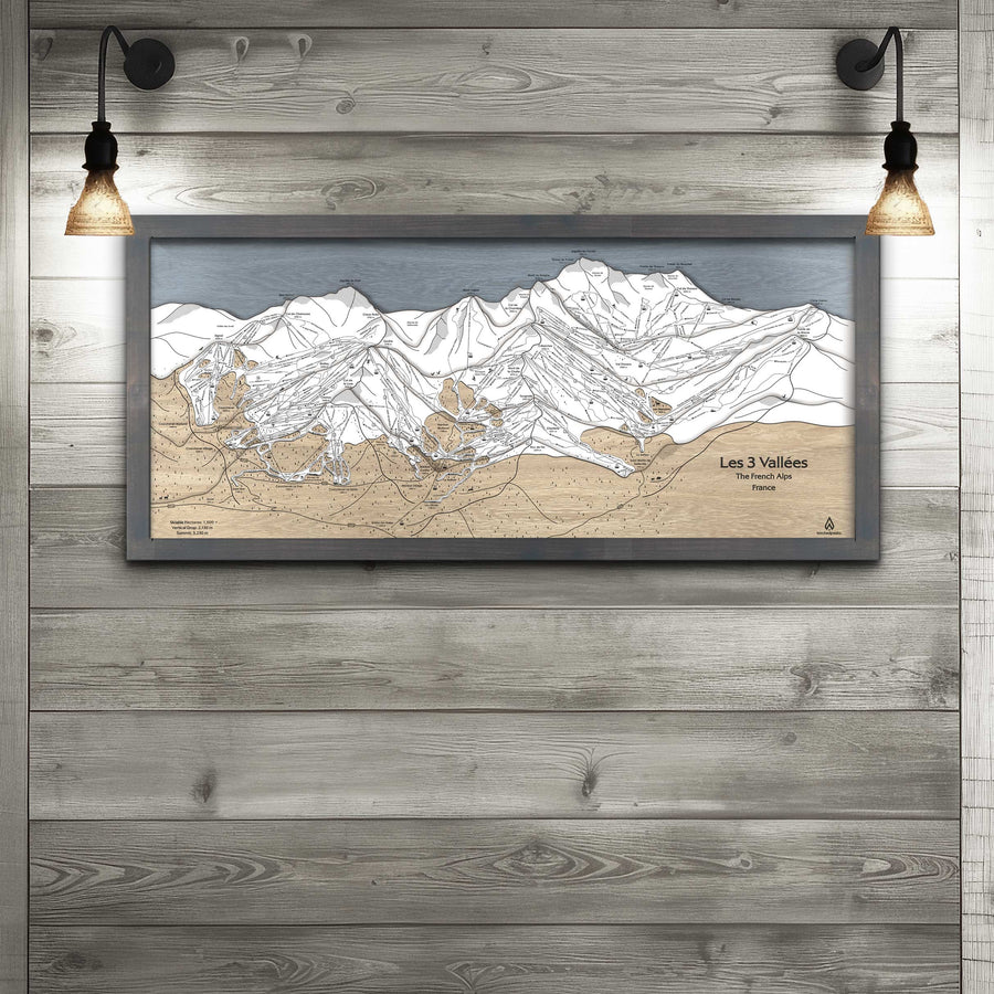 Les Trois Vallées, Val Thorens, Les Menuires, Meribel, Courchevel, Wooden Ski Resort Map Art, Framed Skiing Poster
