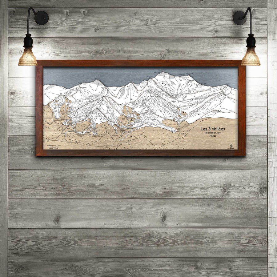 Les Trois Vallées, Val Thorens, Les Menuires, Meribel, Courchevel, Wooden Ski Resort Map Art, Framed Ski Slope Mountain Art