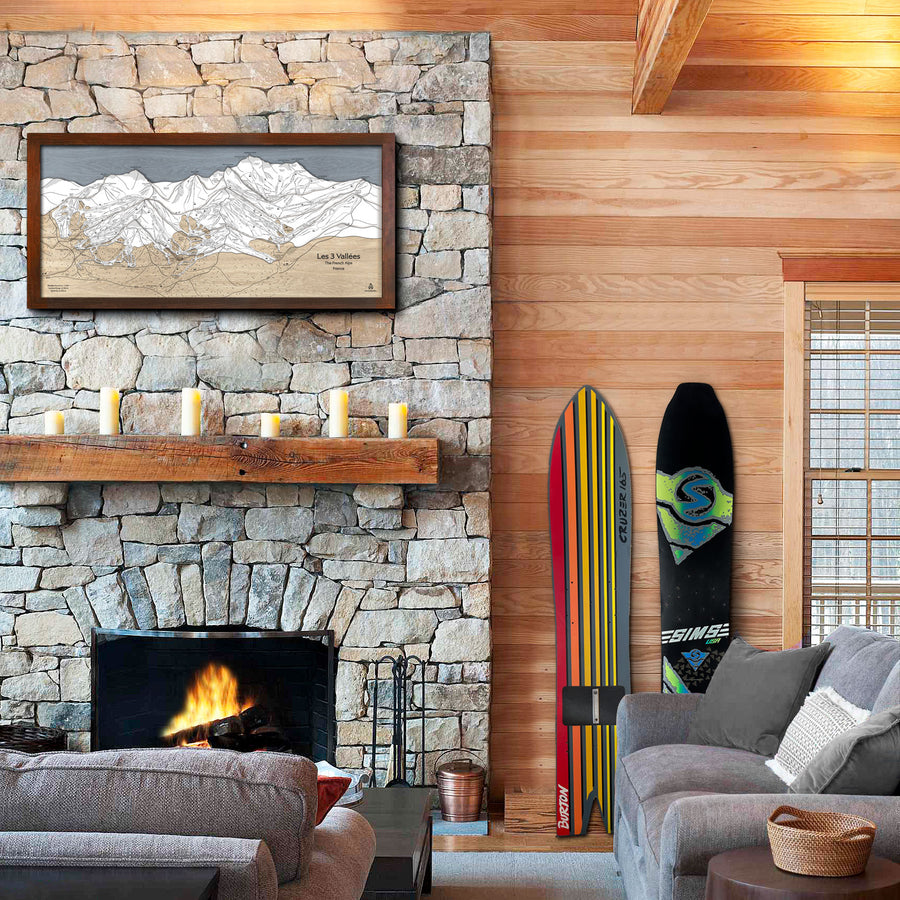 Les Trois Vallées, Val Thorens, Les Menuires, Meribel, Courchevel, Wooden Ski Resort Map Art, Slopes Mountain Art, Designed by Artist Shawn Orecchio