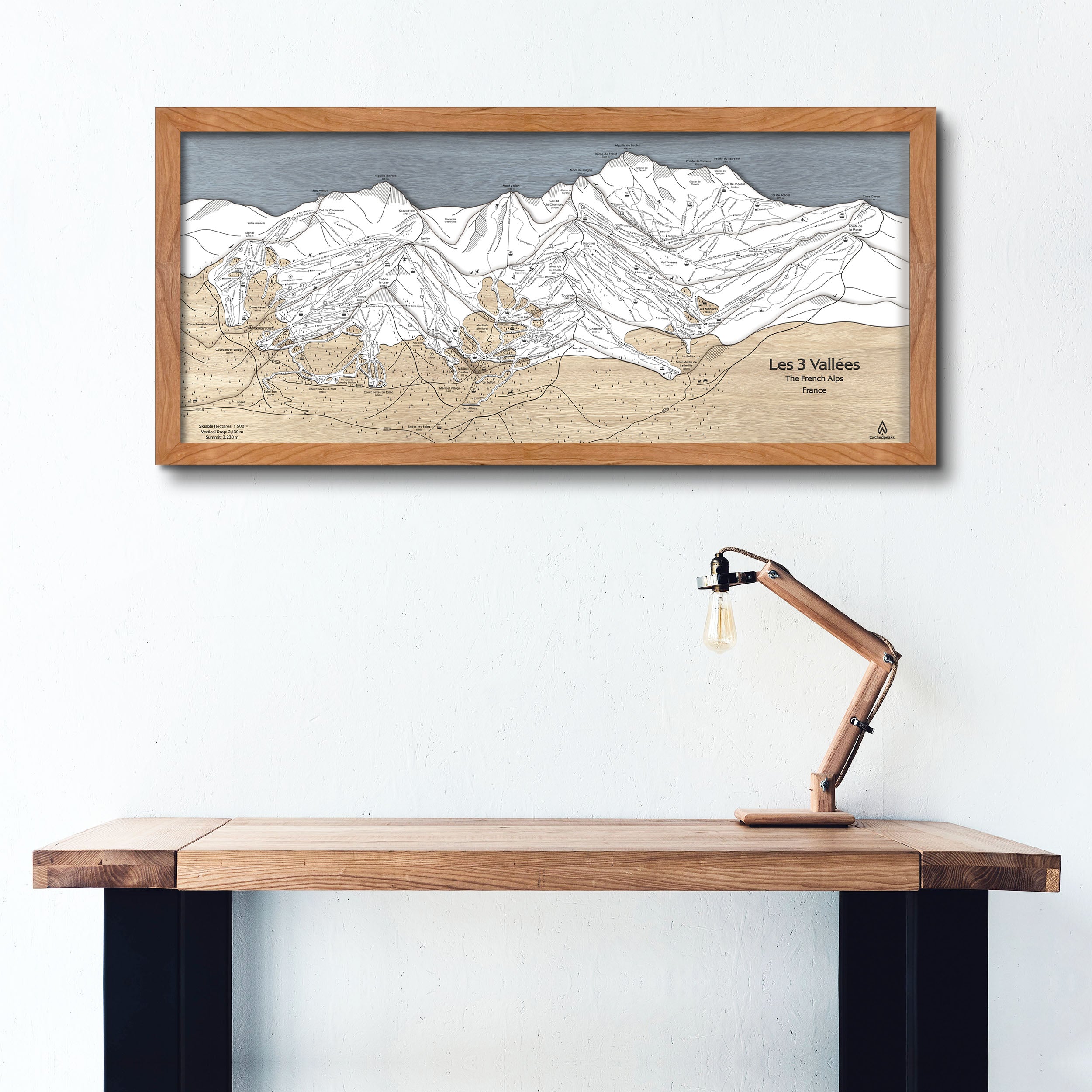 Les Trois Vallées, Val Thorens, Les Menuires, Meribel, Courchevel, Wooden Ski Resort Map Art, Handcrafted Map