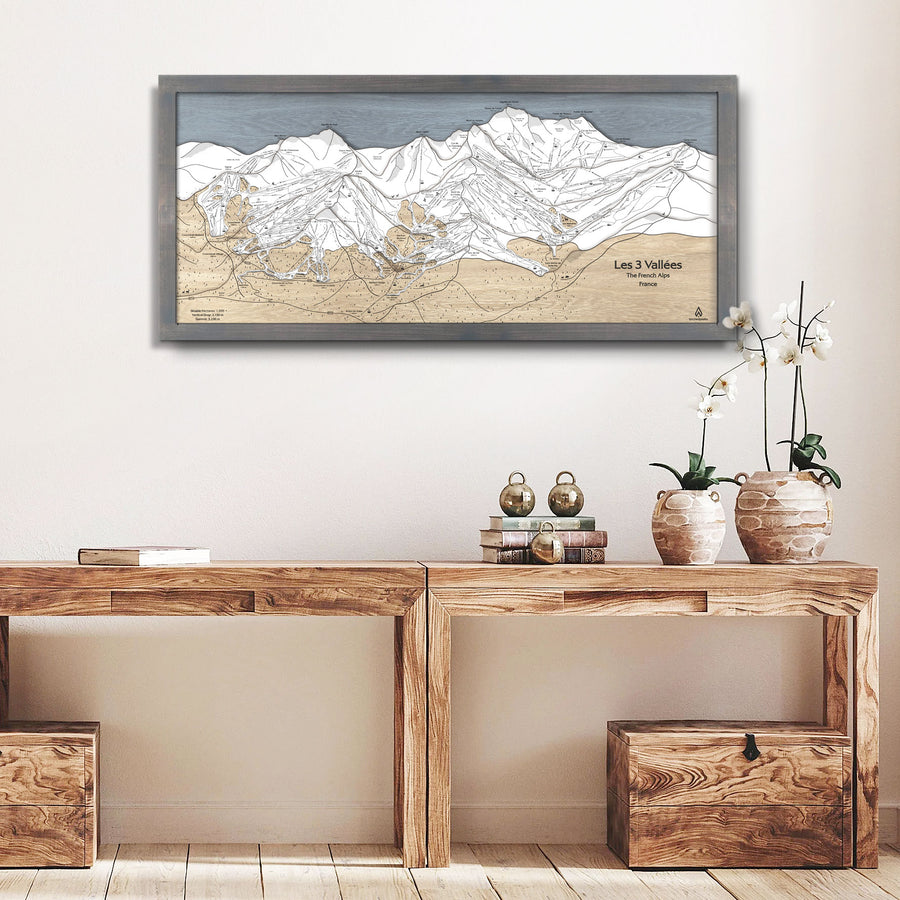 Les Trois Vallées, Val Thorens, Les Menuires, Meribel, Courchevel, Wooden Ski Resort Map Art, Gift For Skiers
