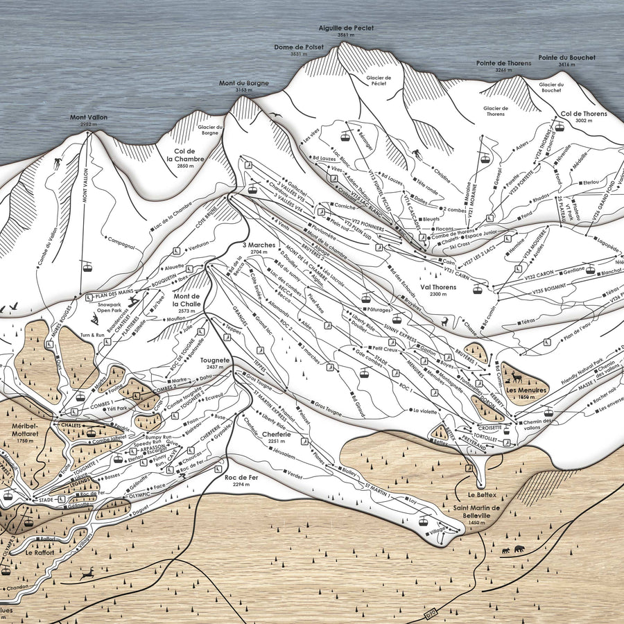 Les Trois Vallées, Val Thorens, Les Menuires, Meribel, Courchevel, Wooden Ski Resort Map Art, French Alps