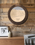 Loon Mountain wooden ski map cribbage board mounted on a reclaimed-wood wall above a console as functional ski cabin wall art.