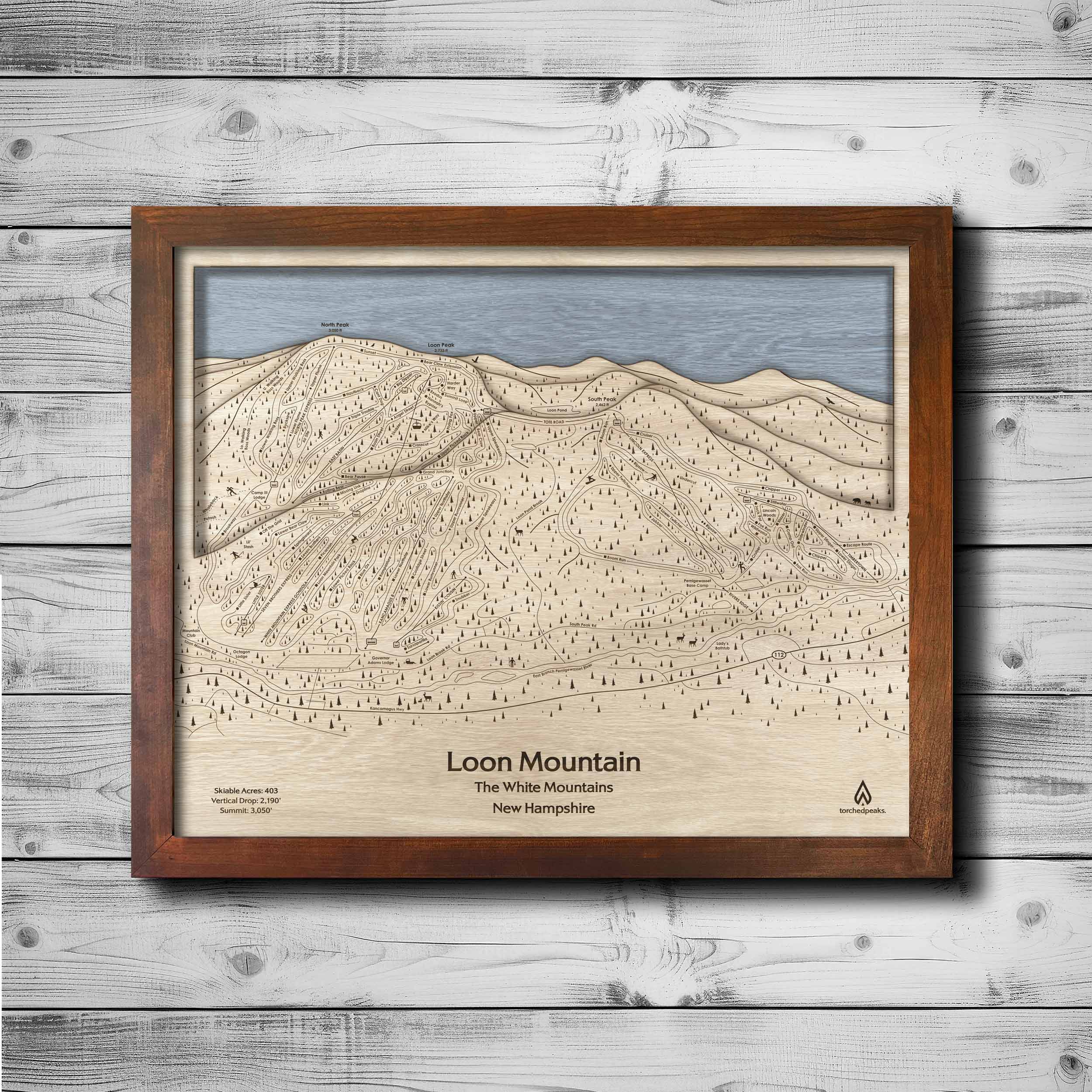 Loon Mountain Ski Trail Map | 3D Wood Ski Slope Mountain Art, Framed Wall Map