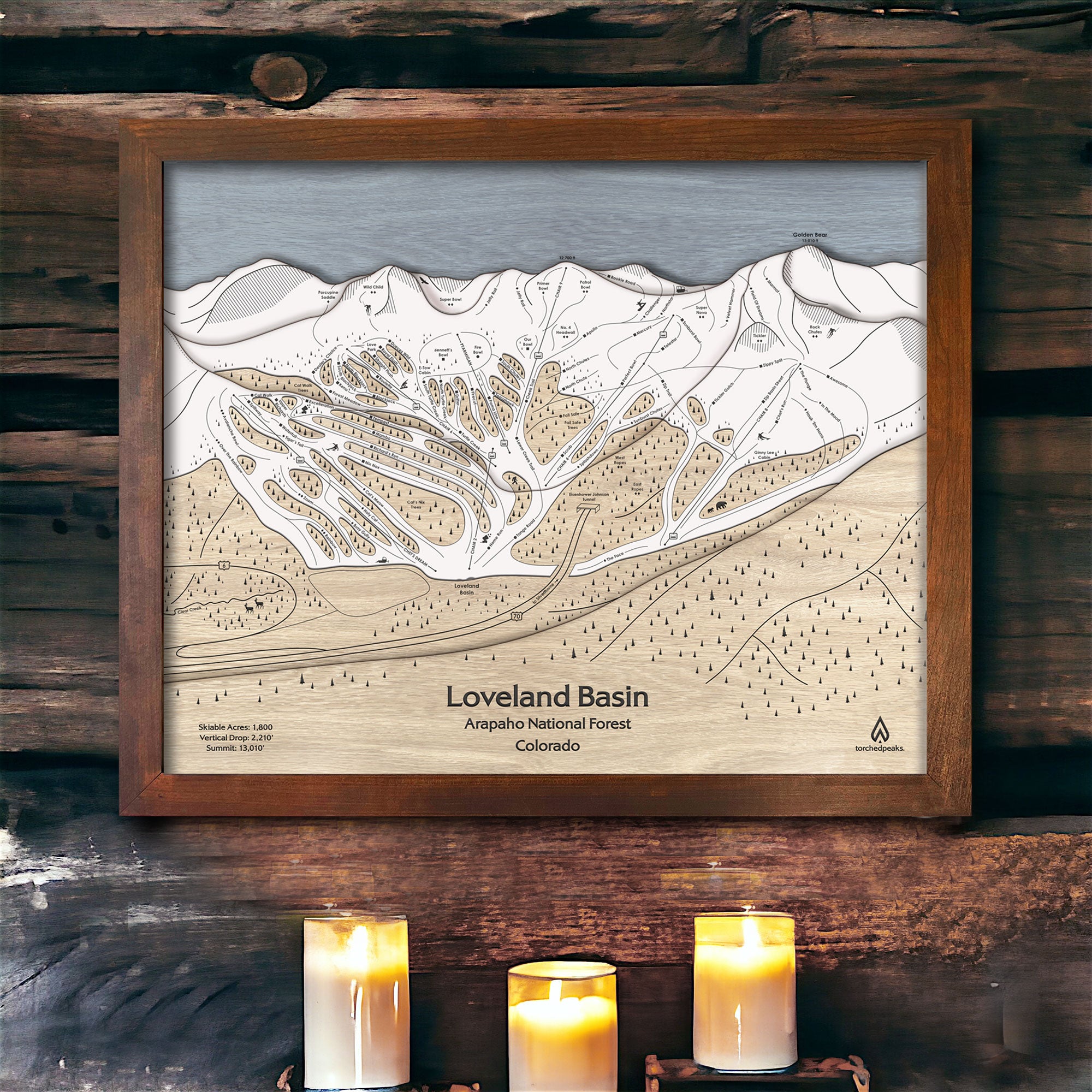 Loveland Basin, Colorado Ski Trail Map, Framed Wooden Mountain Art