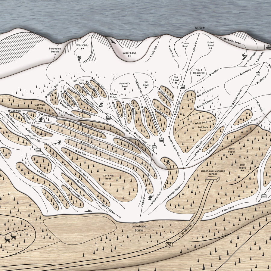 Loveland Colorado Ski Resort Art, Laser-engraved trail map of Loveland Ski Trails