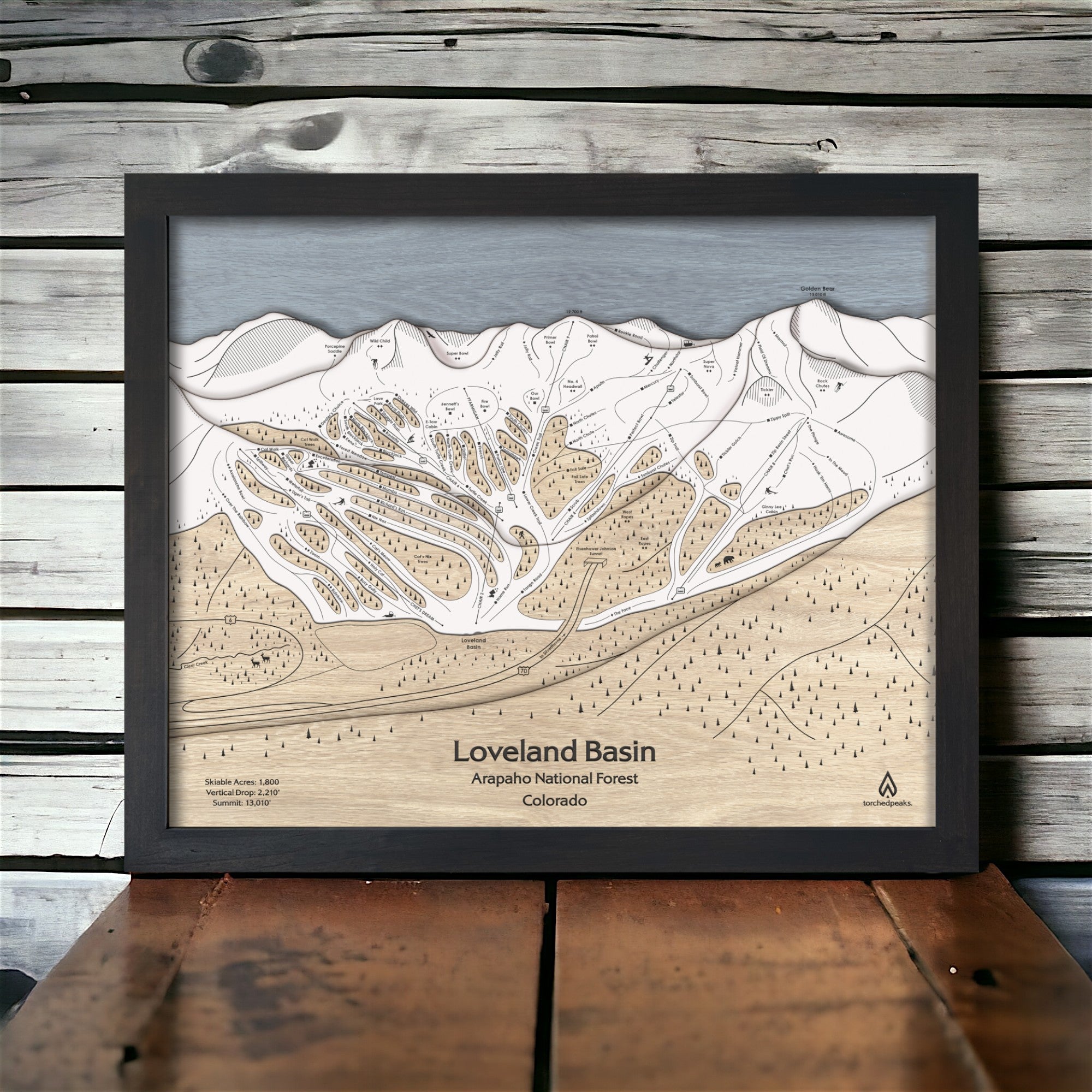 Loveland Mountain Colorado, Ski Trail Maps engraved in Wood, Designed by Artist: Shawn Orecchio