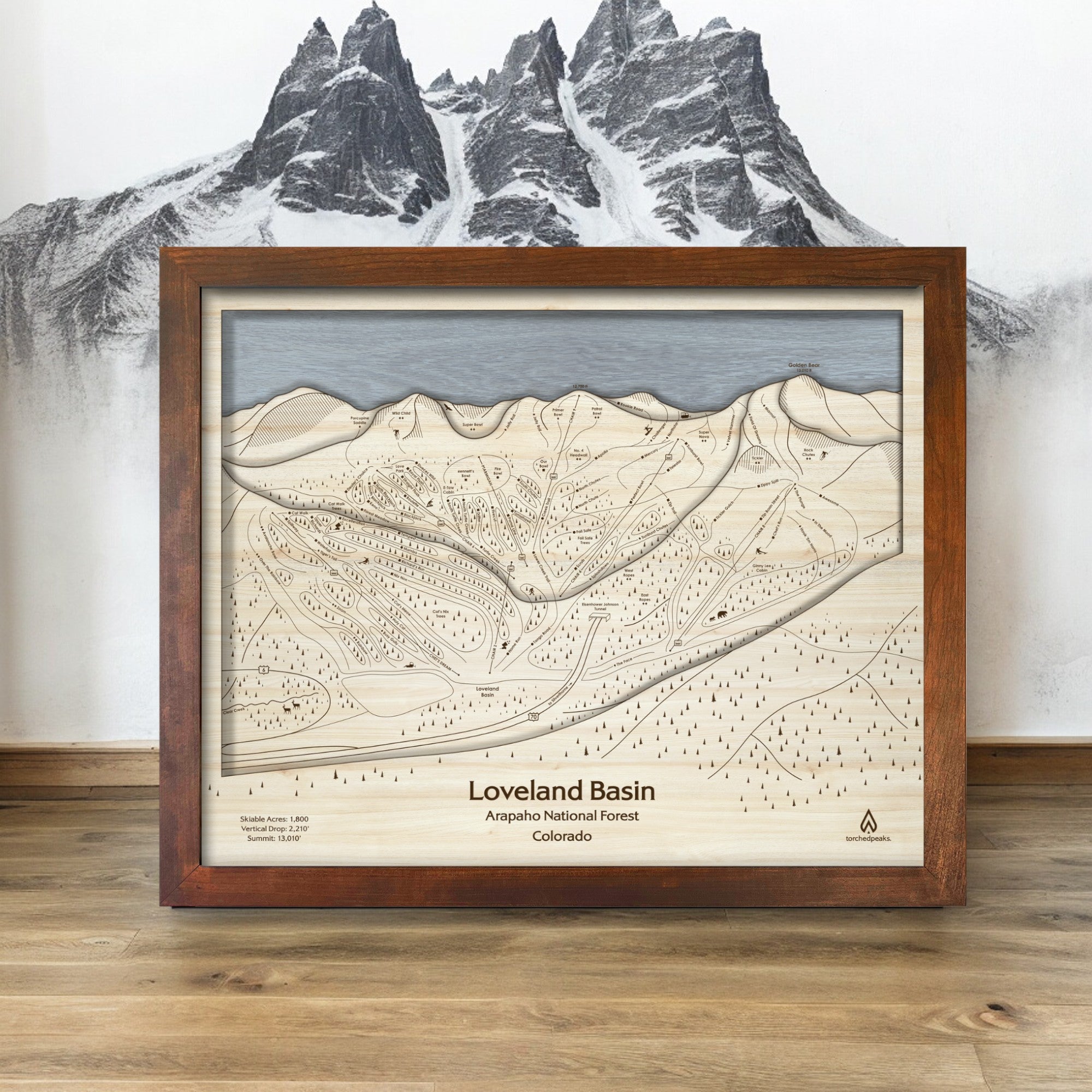 Loveland Ski Trail Map, Colorado, Laser-engraved Skiing Art, Wall Decor