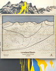 Loveland Colorado minimalist ski trail map, laser-engraved in wood, Designed by artist Shawn Orecchio, former pro snowboarder