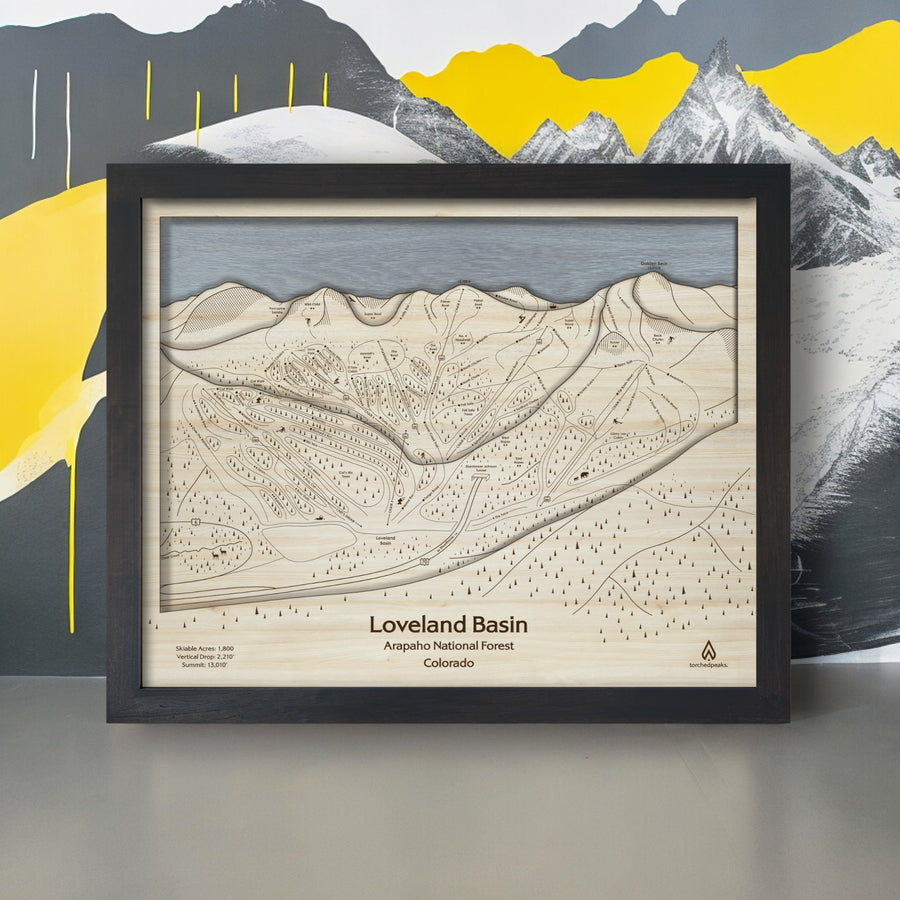 Loveland Layered Map, Wood Carved, Torched Peaks, Ski and Snowboard Wall Map