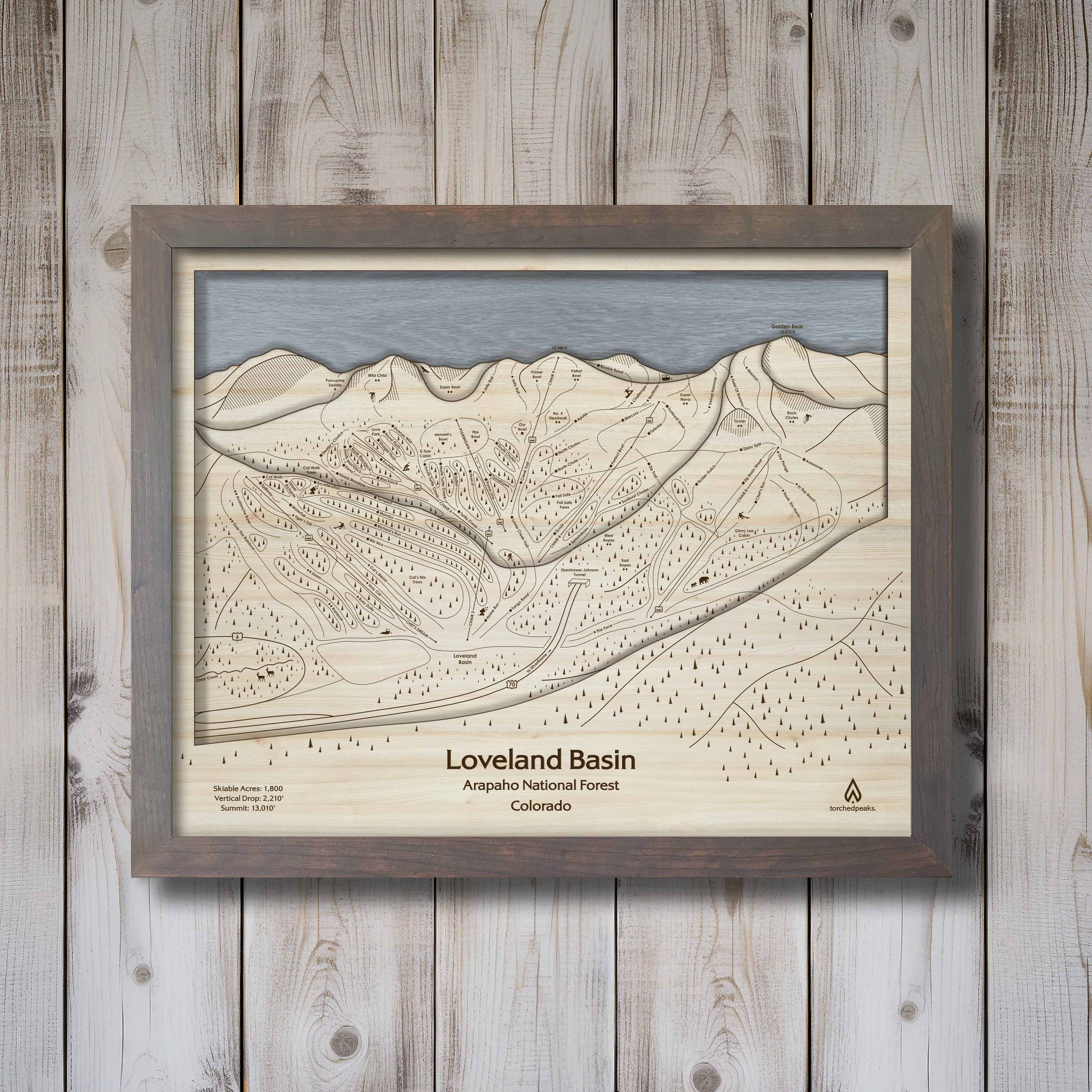 Intricate, Framed Ski Resort Map of Loveland Colorado, Continental Divide, Snowmaking, Long Ski Season