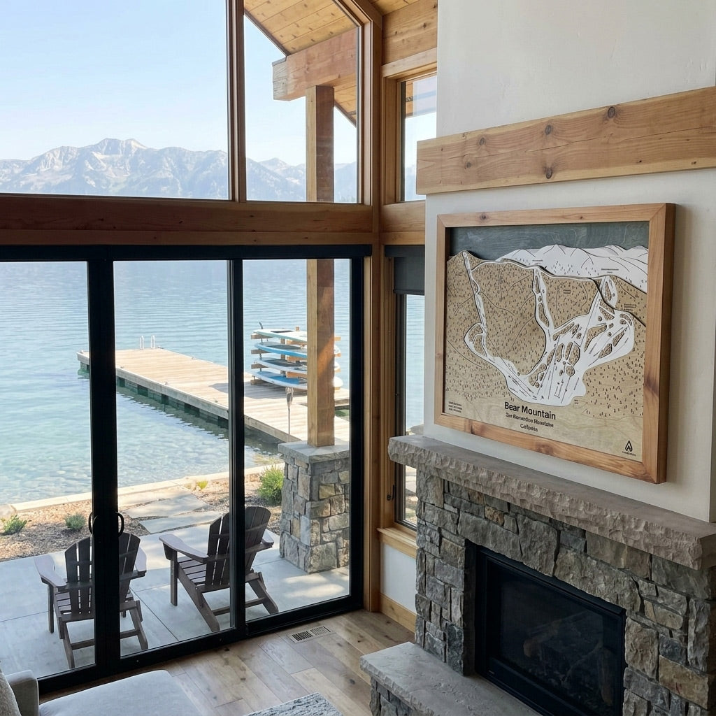 Big Bear Mountain framed ski map on display in a ski chalet as inspiration for unique ski decor. 
