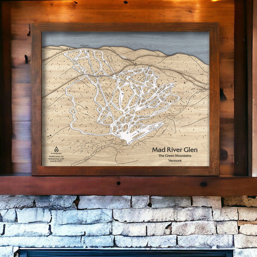 Ski Cabin Art: 3D Layered Wood Wall Map of  Mad River Glen