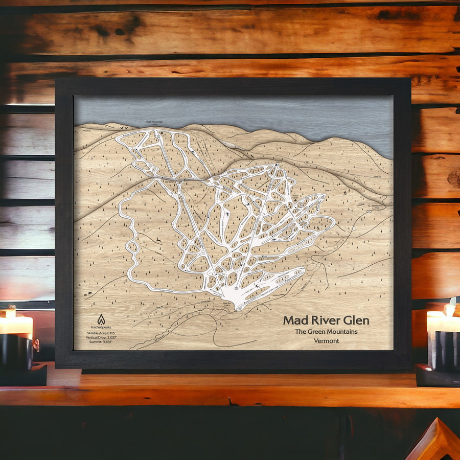 Mad River Glen Wooden Map, Laser-engraved, handcrafted