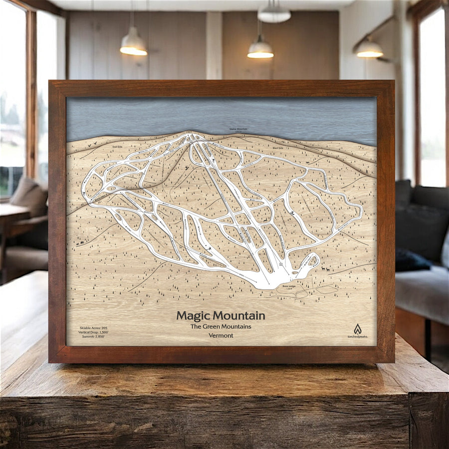 Magic Mountain Ski Trail Map, Wood Ski Map, Ski Slopes Mountain Art