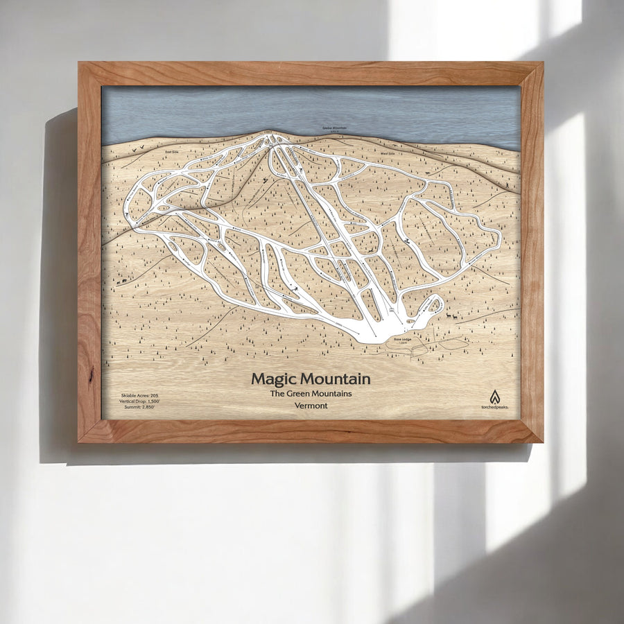 Magic Mountain Wood Ski Map, Ski Cabin Decor, Skiing Art