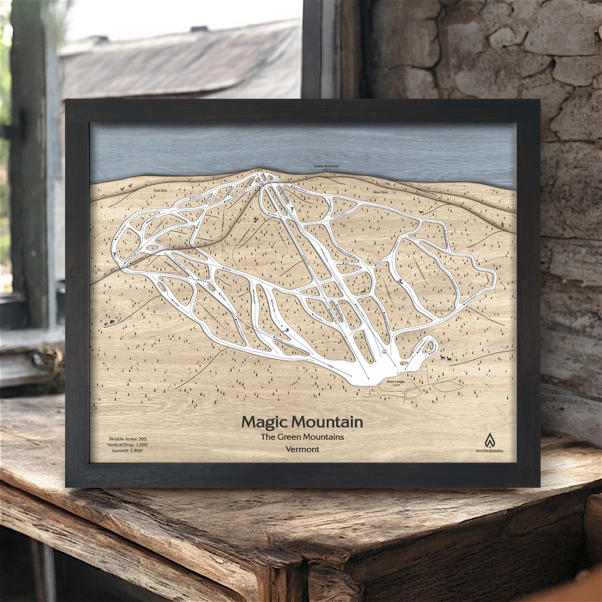 Magic Mountain Ski Resort Art, Wooden Ski Map, Torched Peaks, Designed by artist Shawn Orecchio