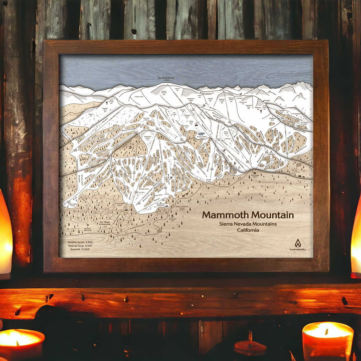 Ski Cabin Decor: Wooden map of Mammoth Mountain Ski Resort in California. 