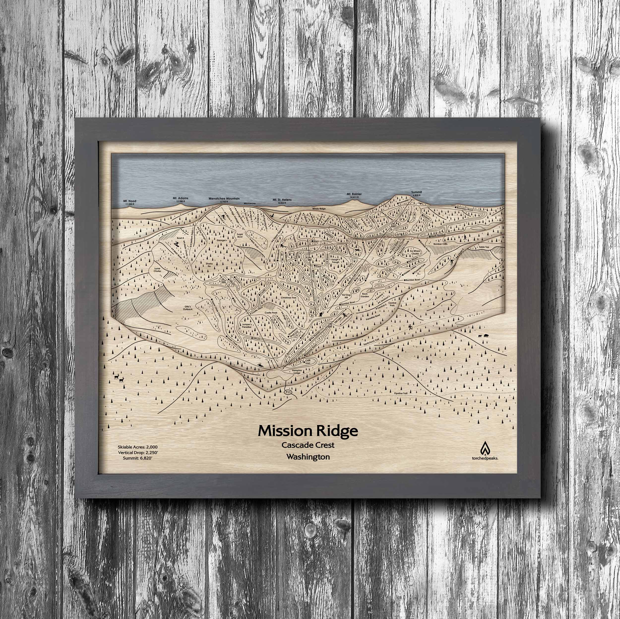 Mission Ridge Ski Trail Map | 3D Wood Layered Mountain Art, Wall Map