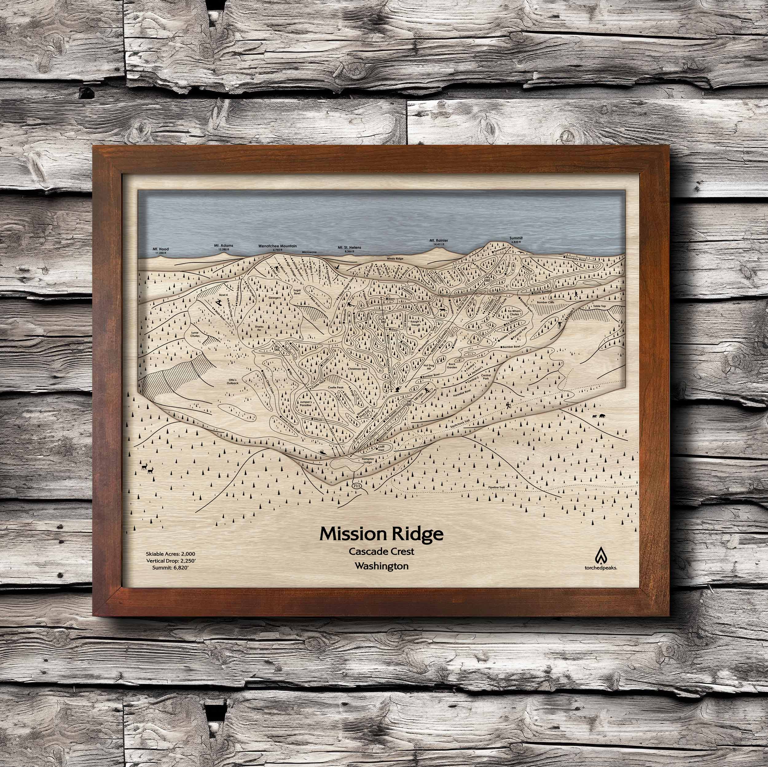 Mission Ridge Ski Trail Map | 3D Wood Layered Mountain Art, Framed Wall Art