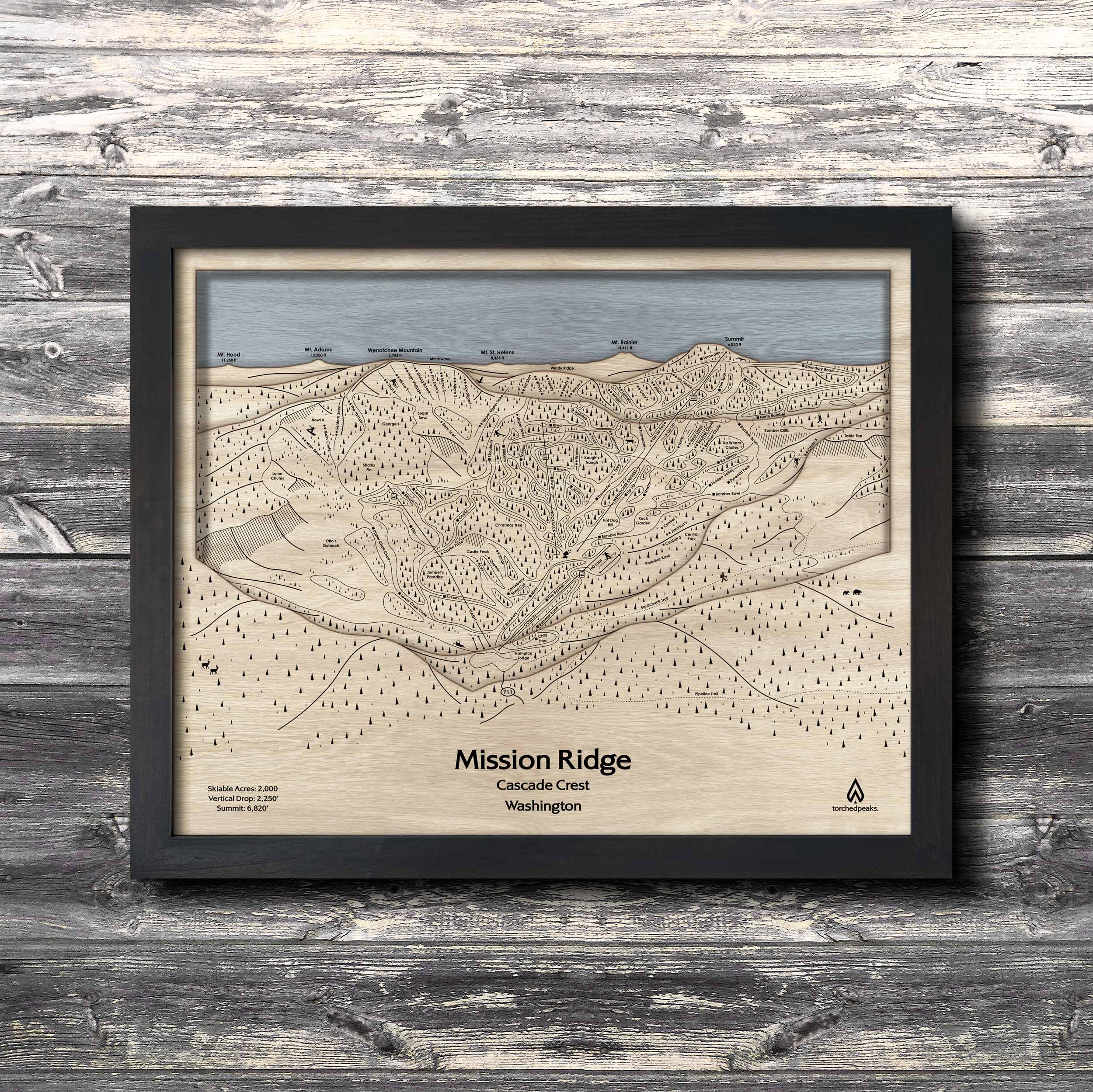 Mission Ridge Ski Trail Map | 3D Wood Layered Mountain Art