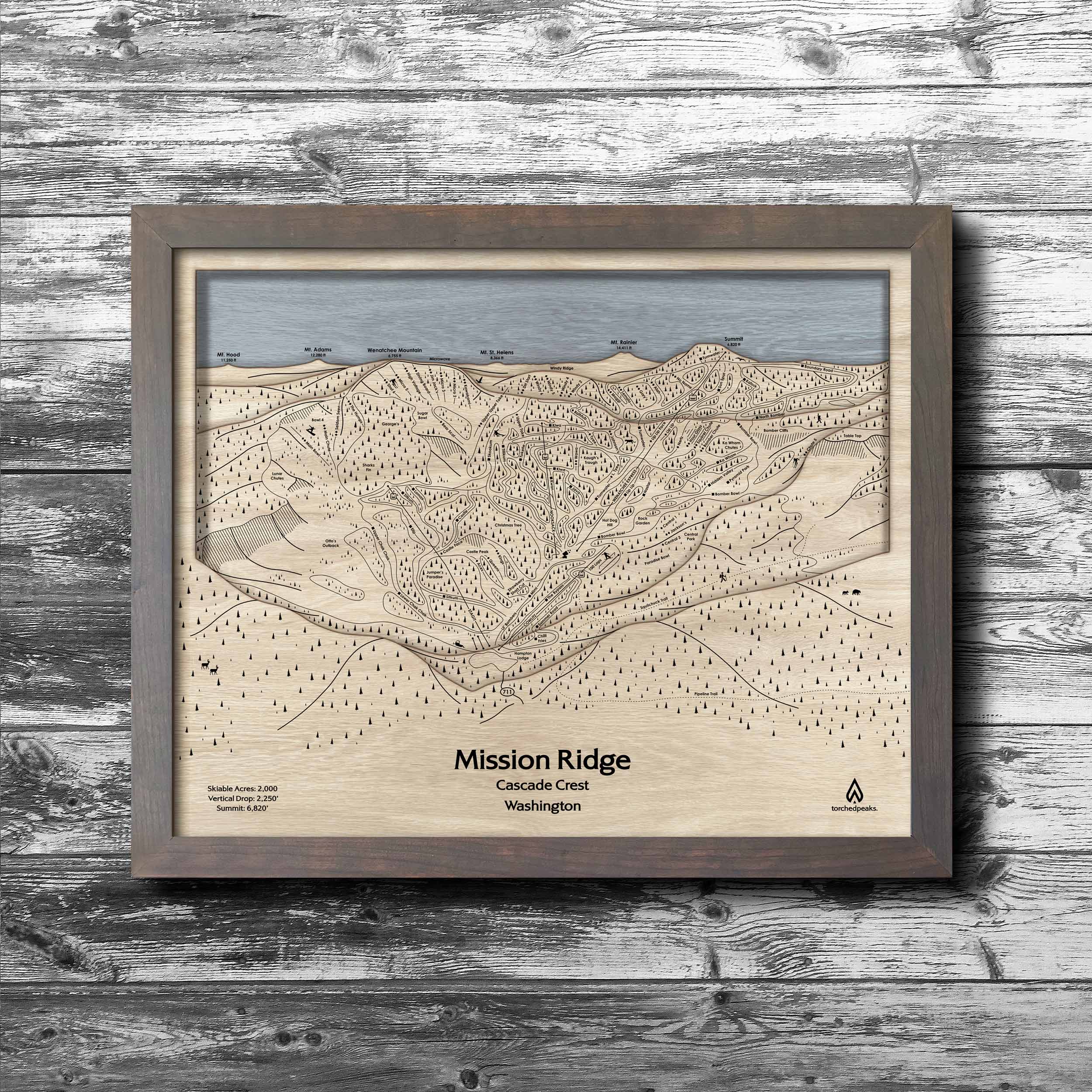 Mission Ridge Ski Trail Map | 3D Wood Layered Mountain Art