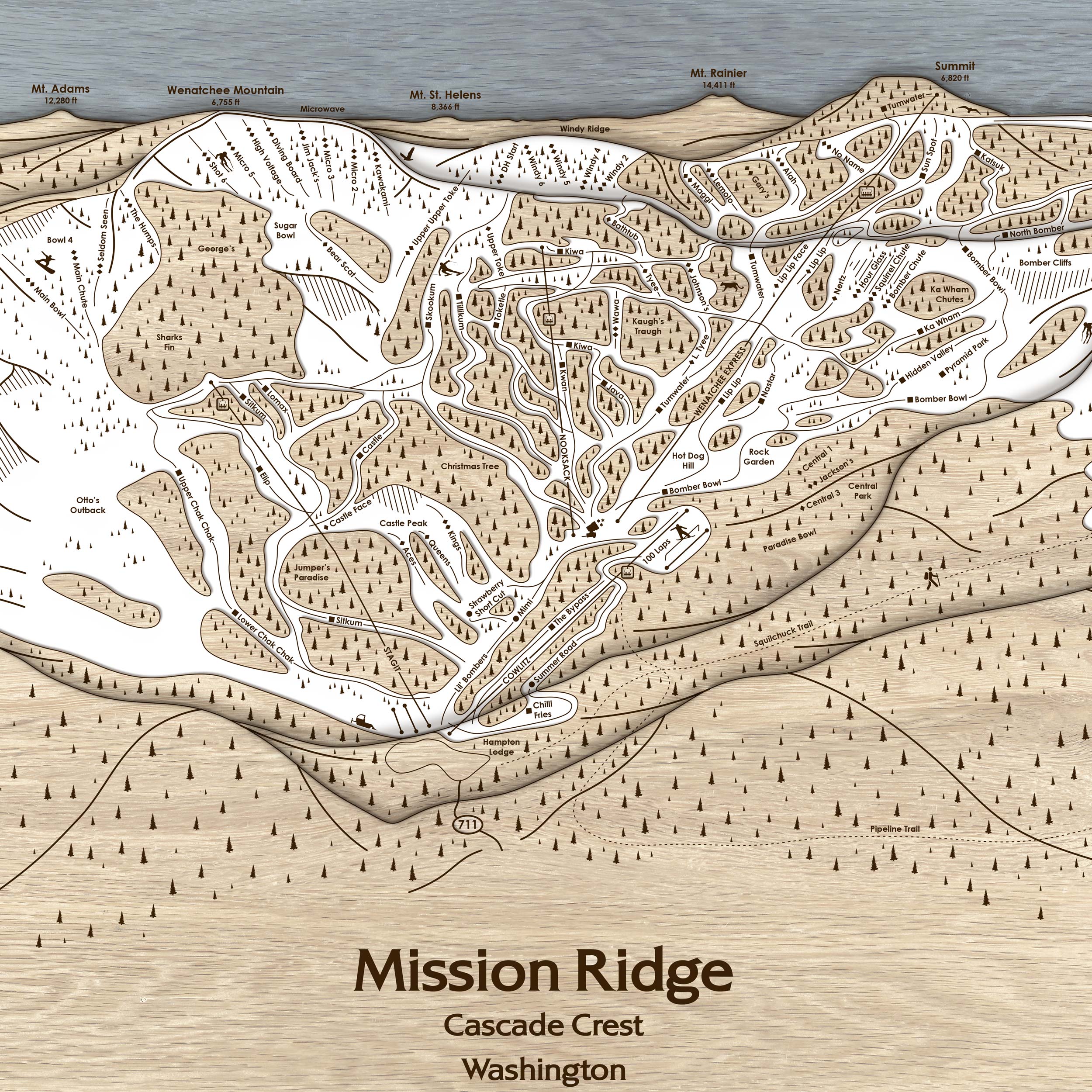 Mission Ridge Ski Trail Map | 3D Wood Mountain Art | Torched Peaks