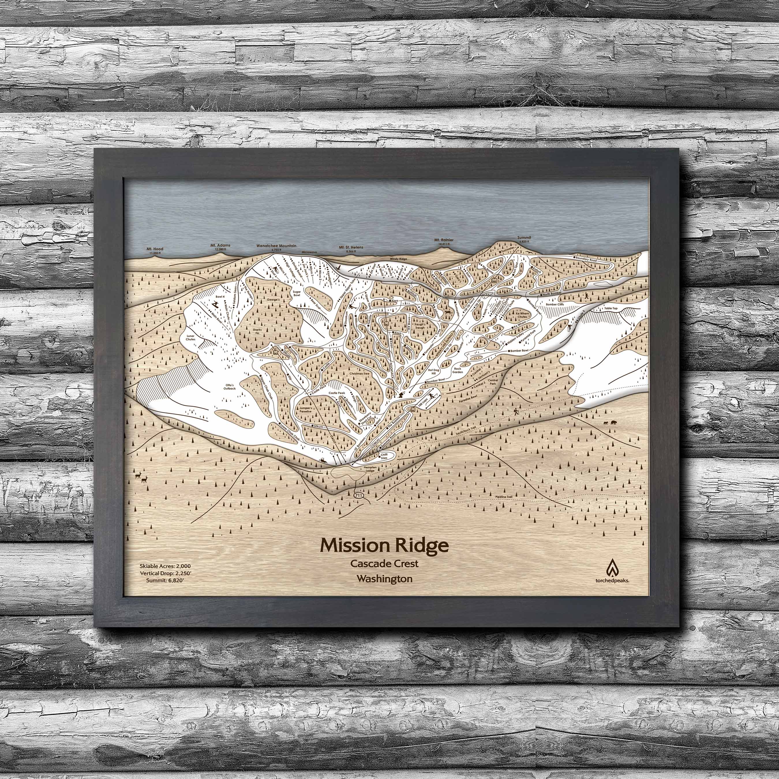 Mission Ridge Ski Trail Map | 3D Wood Mountain Art | Torched Peaks