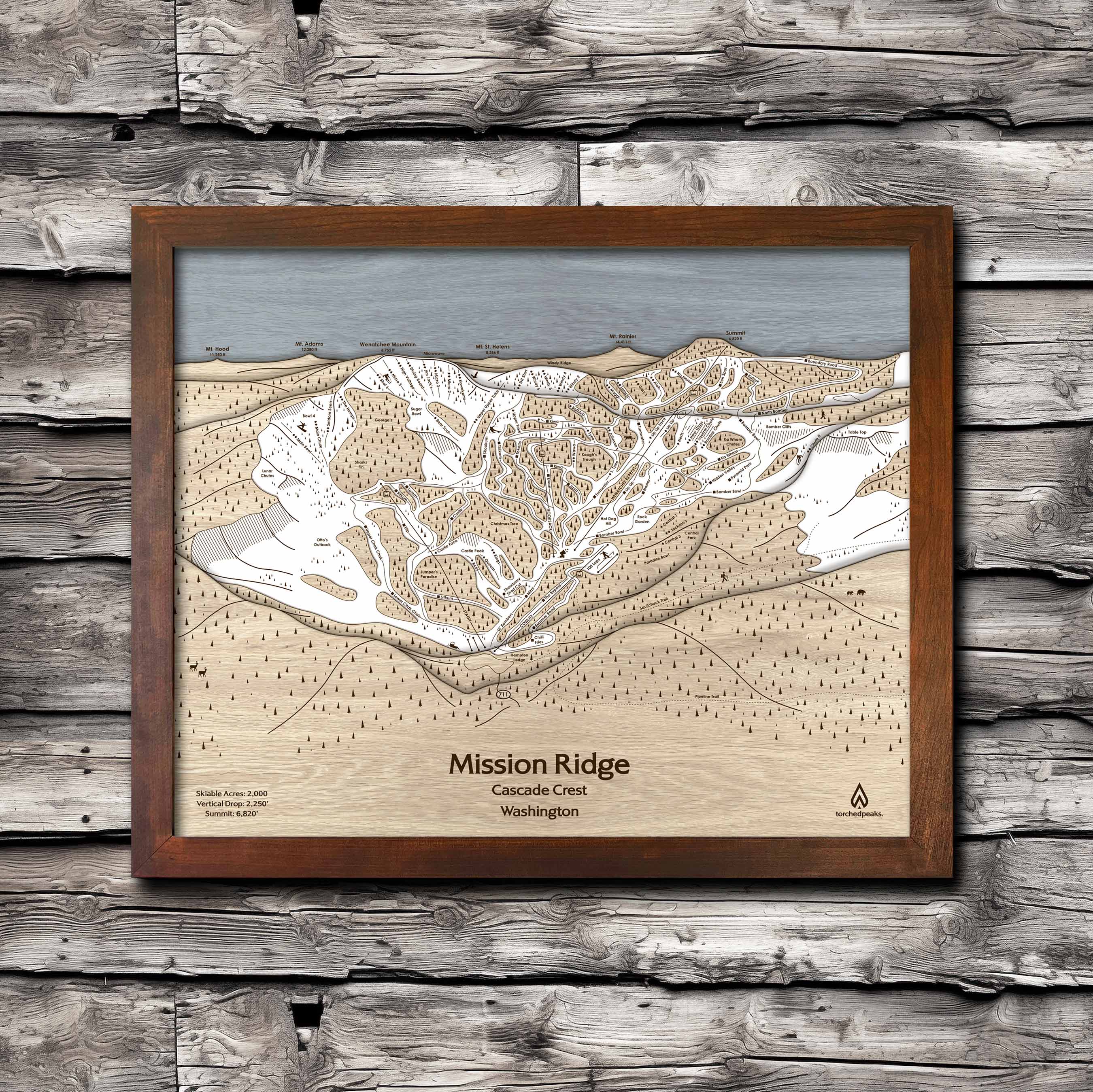 Mission Ridge Ski Trail Map | 3D Wood Mountain Art | Torched Peaks