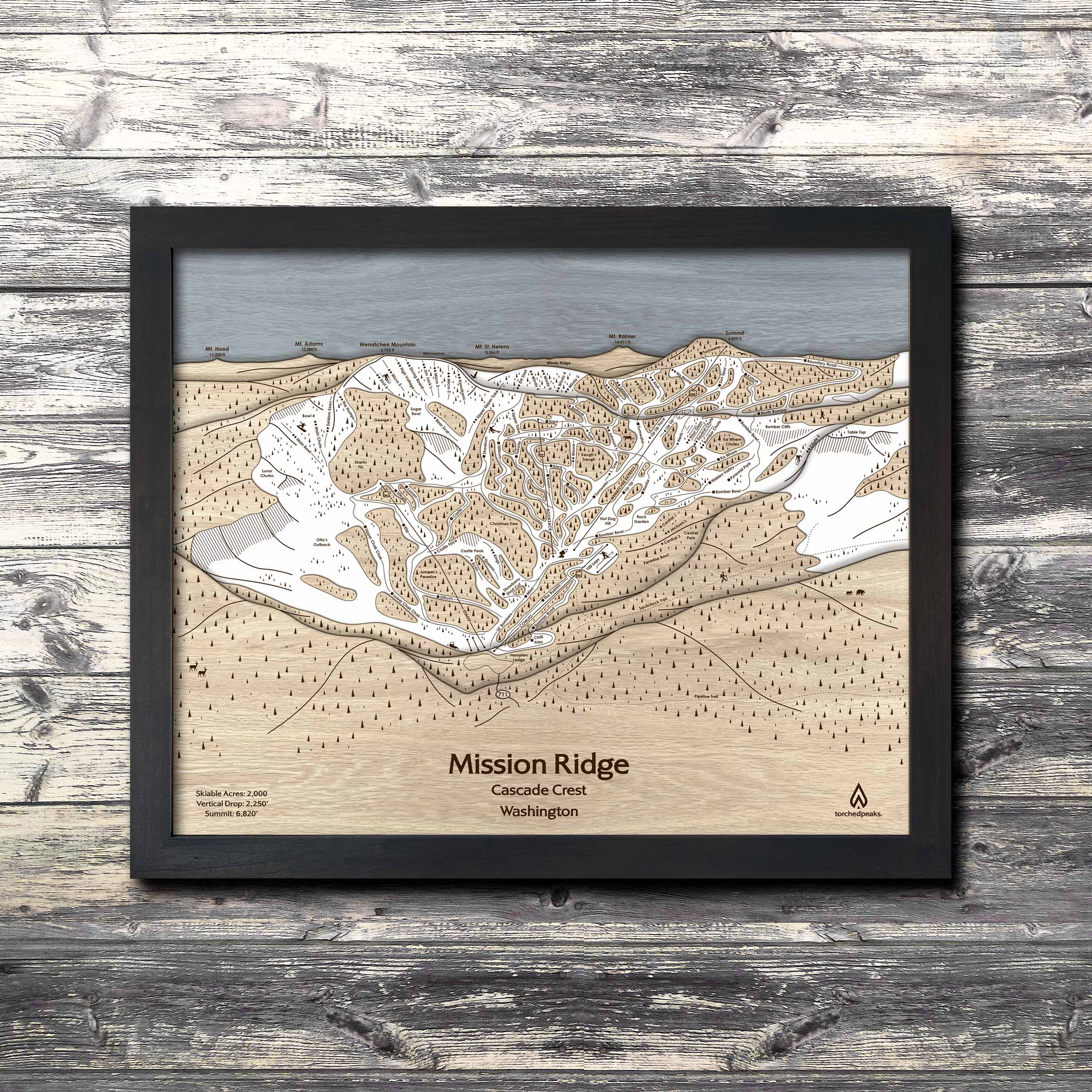 Mission Ridge Ski Trail Map | 3D Wood Mountain Art | Torched Peaks