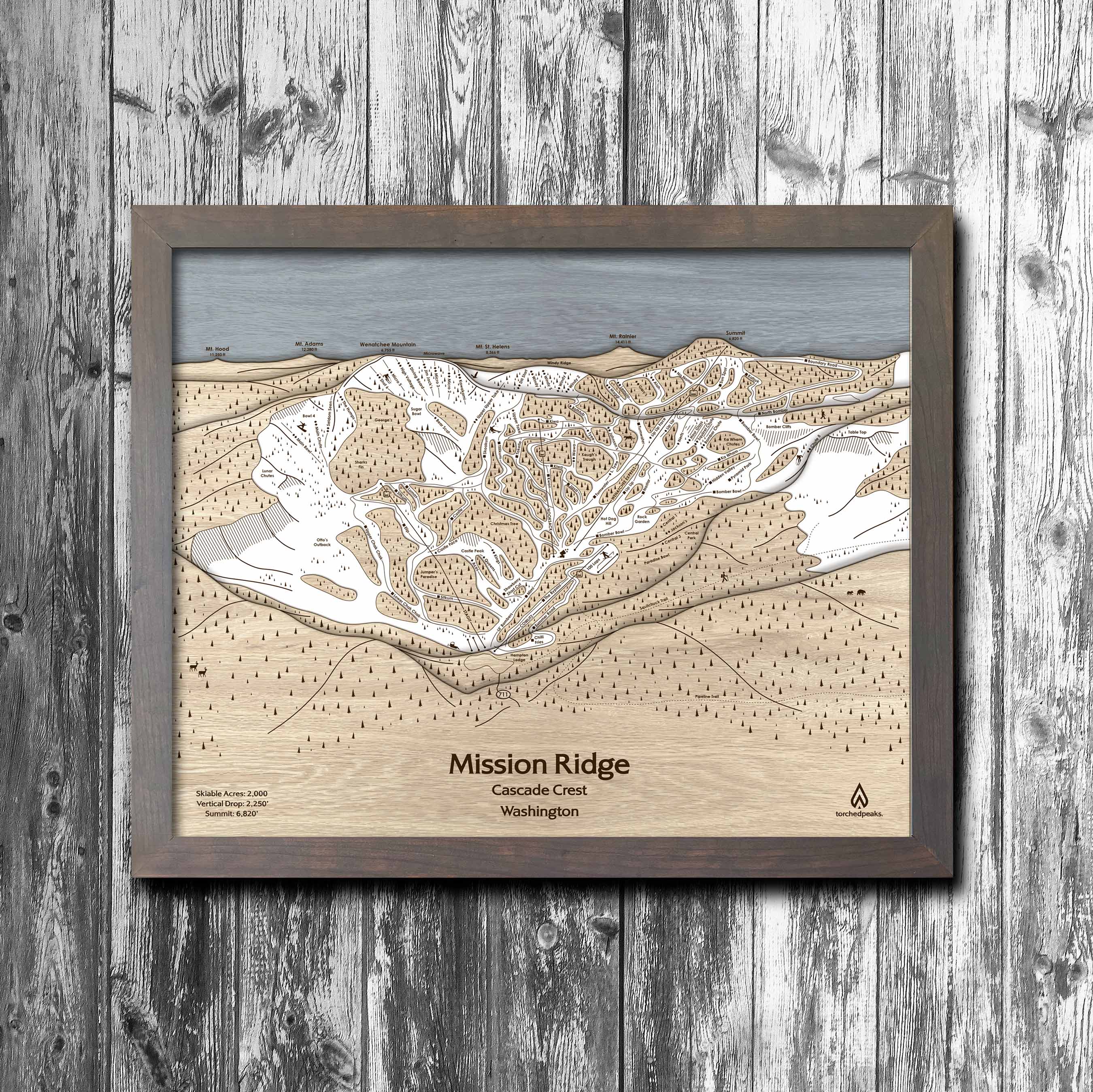 Mission Ridge Ski Trail Map | 3D Wood Mountain Art | Torched Peaks