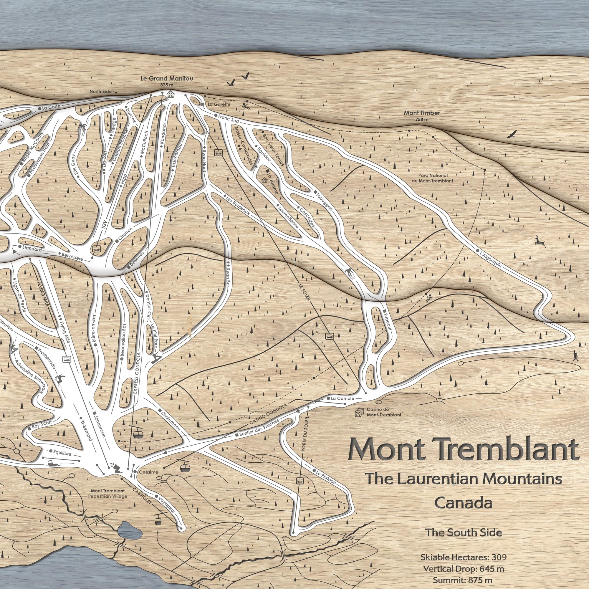 Laser-cut map of Mont Tremblant Ski Resort in the Laurentian Mountains, Canada