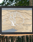 Framed wooden map of Mont Tremblant Ski Resort, Quebec, Canada on a wooden stump with a natural background.