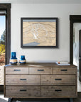 Framed wooden map of Mont Tremblant ski slopes in a ski cabin. 