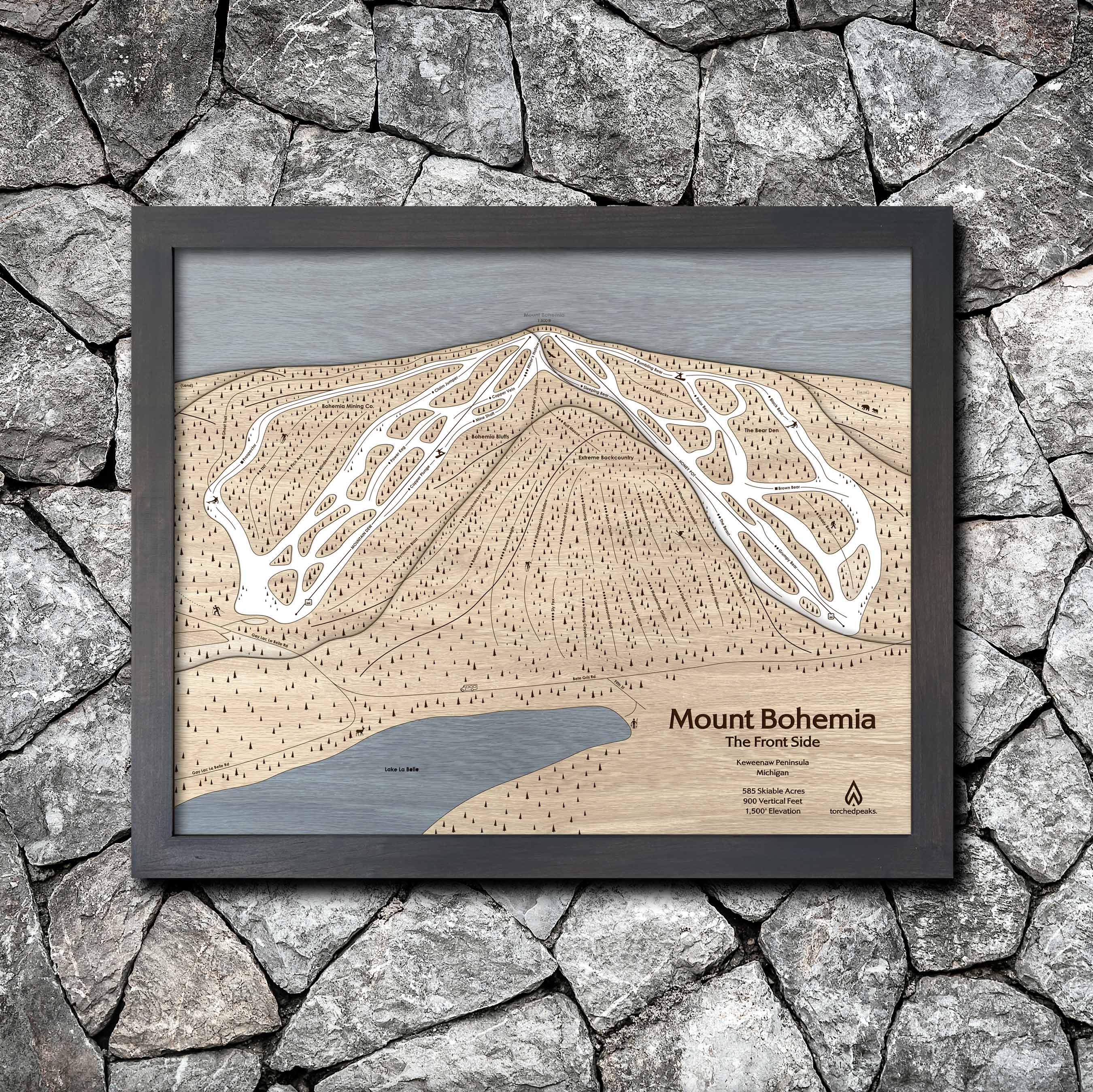 Mount Bohemia, MI Ski Trail Map | Laser-engraved wood mountain art | Torched Peaks
