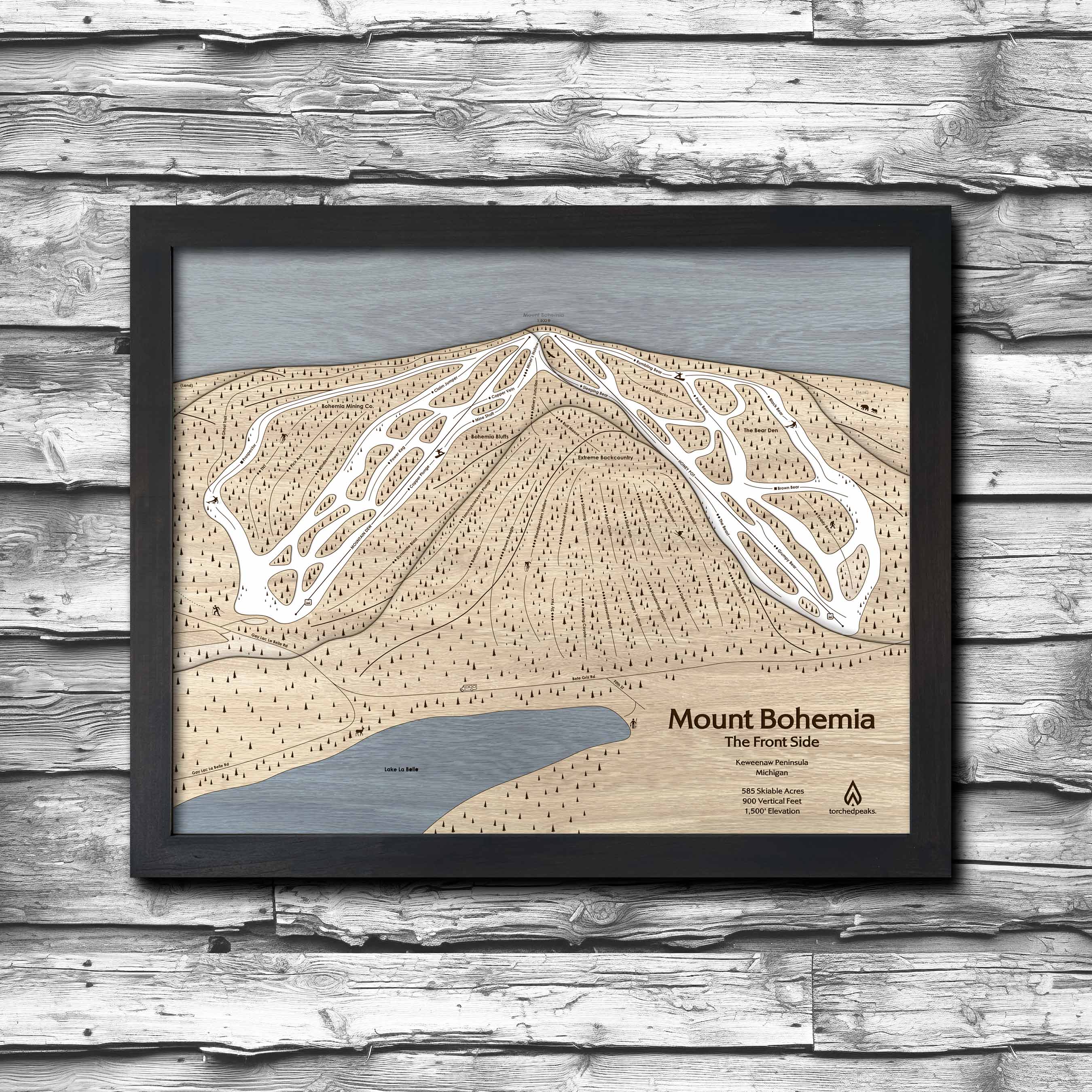 Mount Bohemia, MI Ski Trail Map | Laser-engraved wood mountain art | Torched Peaks