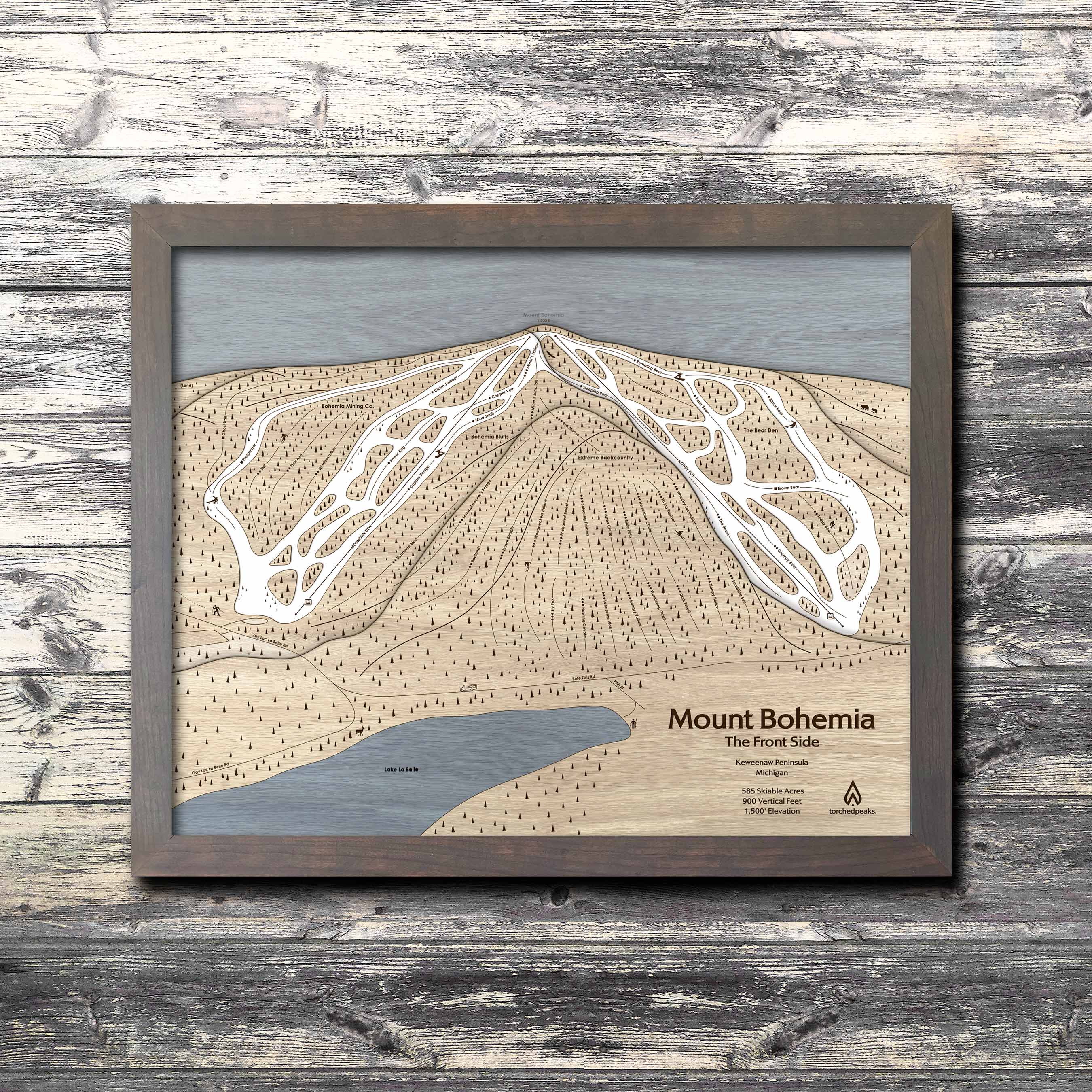Mount Bohemia, MI Ski Trail Map | Laser-engraved wood mountain art | Torched Peaks