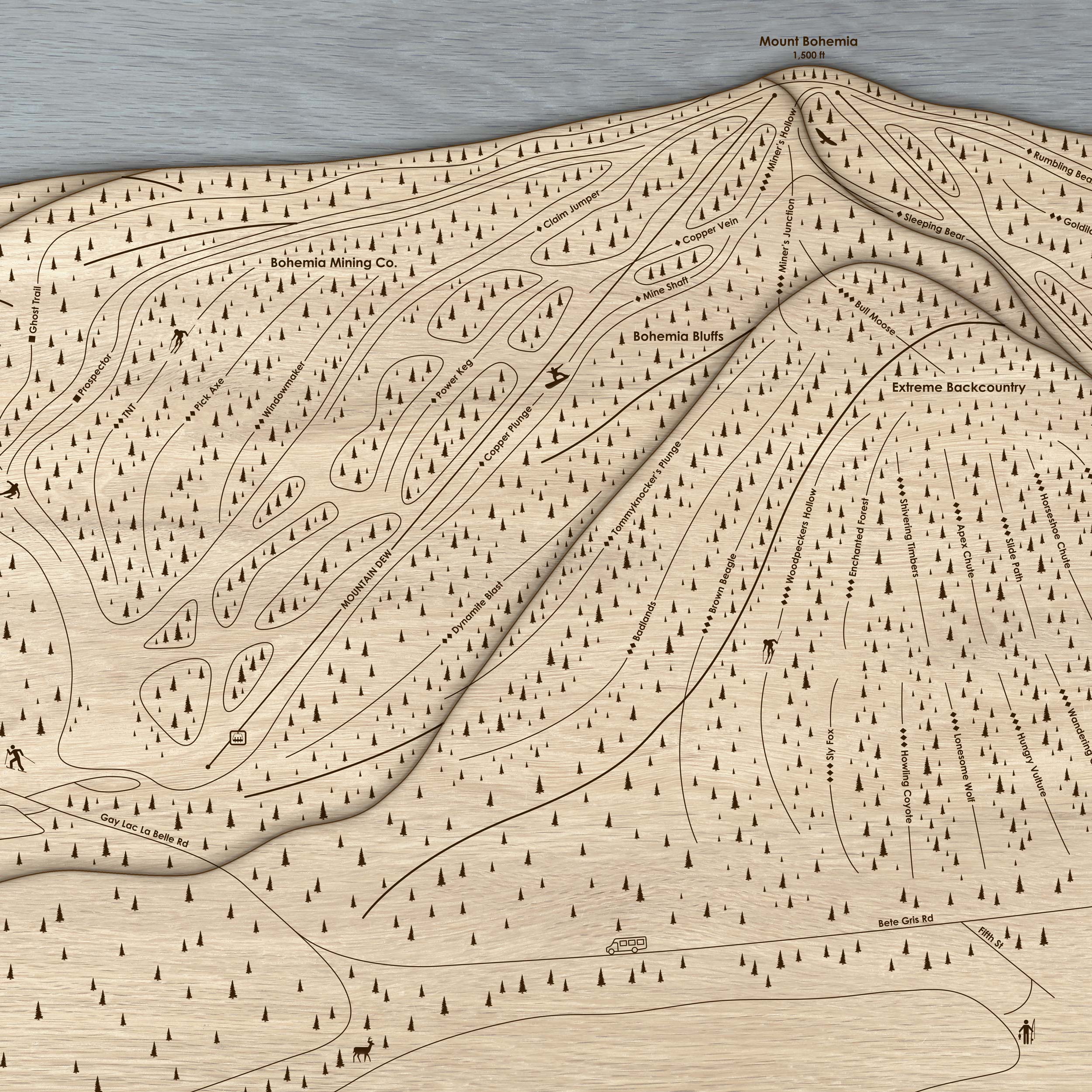 Mount Bohemia Ski Trail Map | 3D Wood Ski Resort Art, Laser Engraved