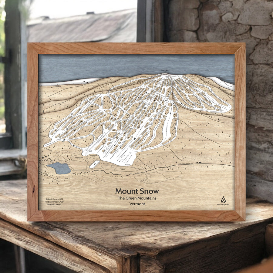 Mount Snow VT Wooden Ski Map, Designed by Artist Shawn Orecchio, Former Professional Snowboarder