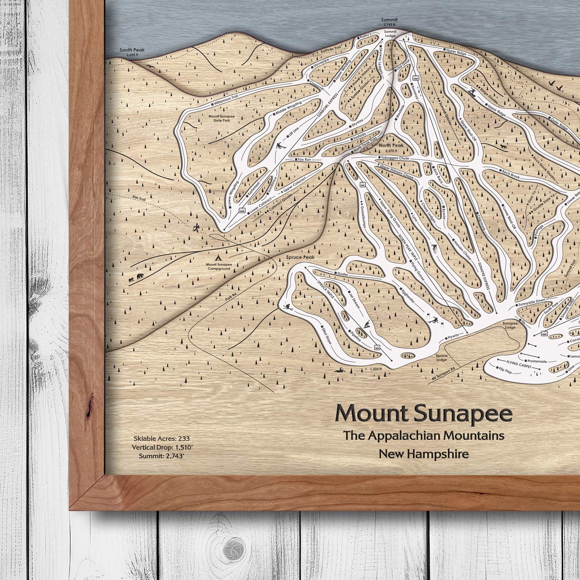 Mount Sunapee Laser Engraved, Wooden Ski Trail Map