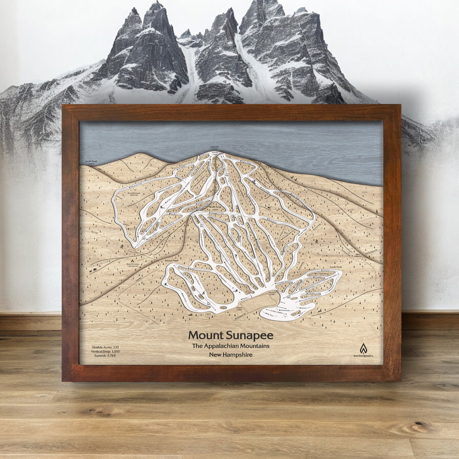 Mount Sunapee Ski Resort Art, Wooden Ski Map by Torched Peaks, New Hampshire Ski Area