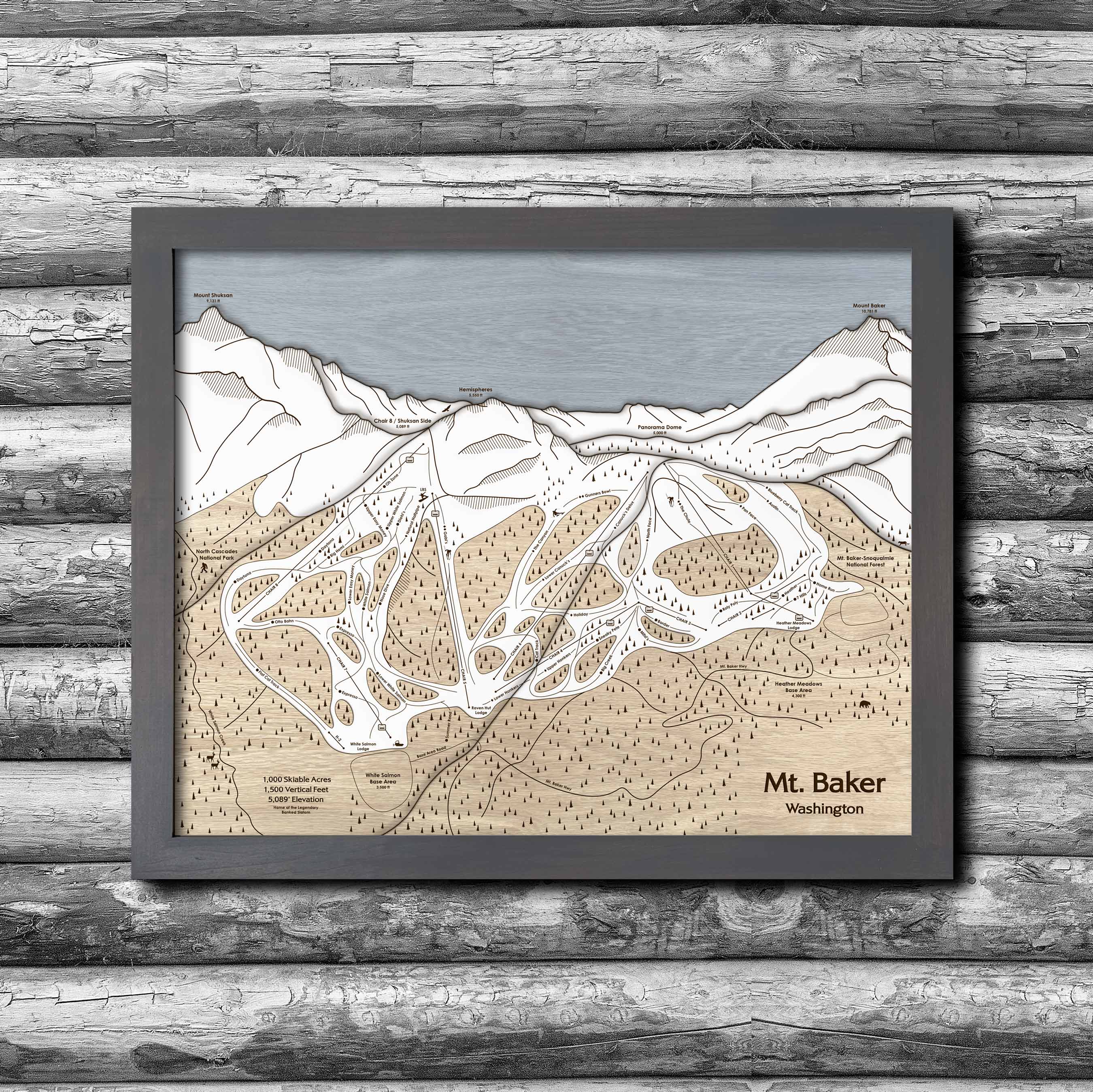 Mt. Baker Ski Area Trail Map | 3D Wood Mountain Art