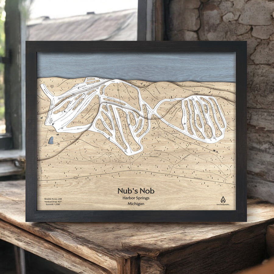 Nubs Nob Wooden Ski Map, Designed by Artist Shawn Orecchio, Torched Peaks