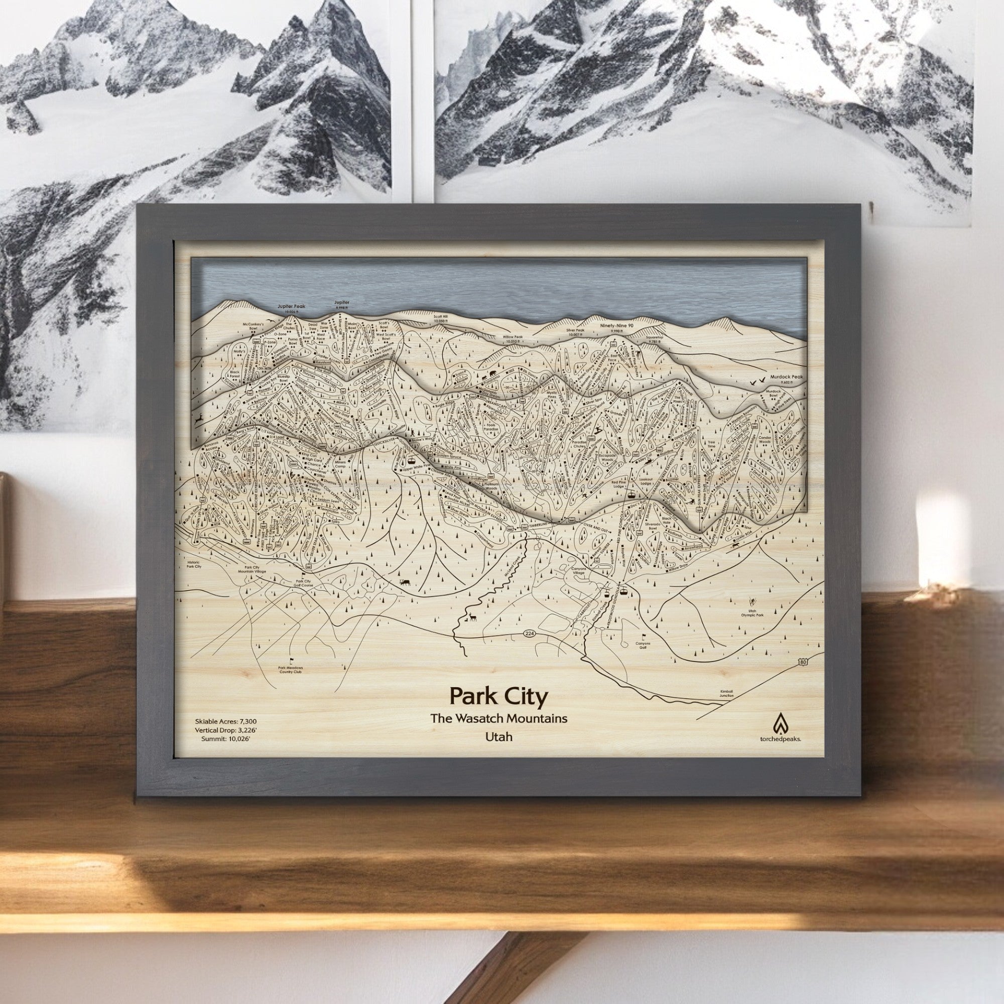 Park City 3D Wood Ski Trail Map designed by Artist Shawn Orecchio, former pro snowboarder