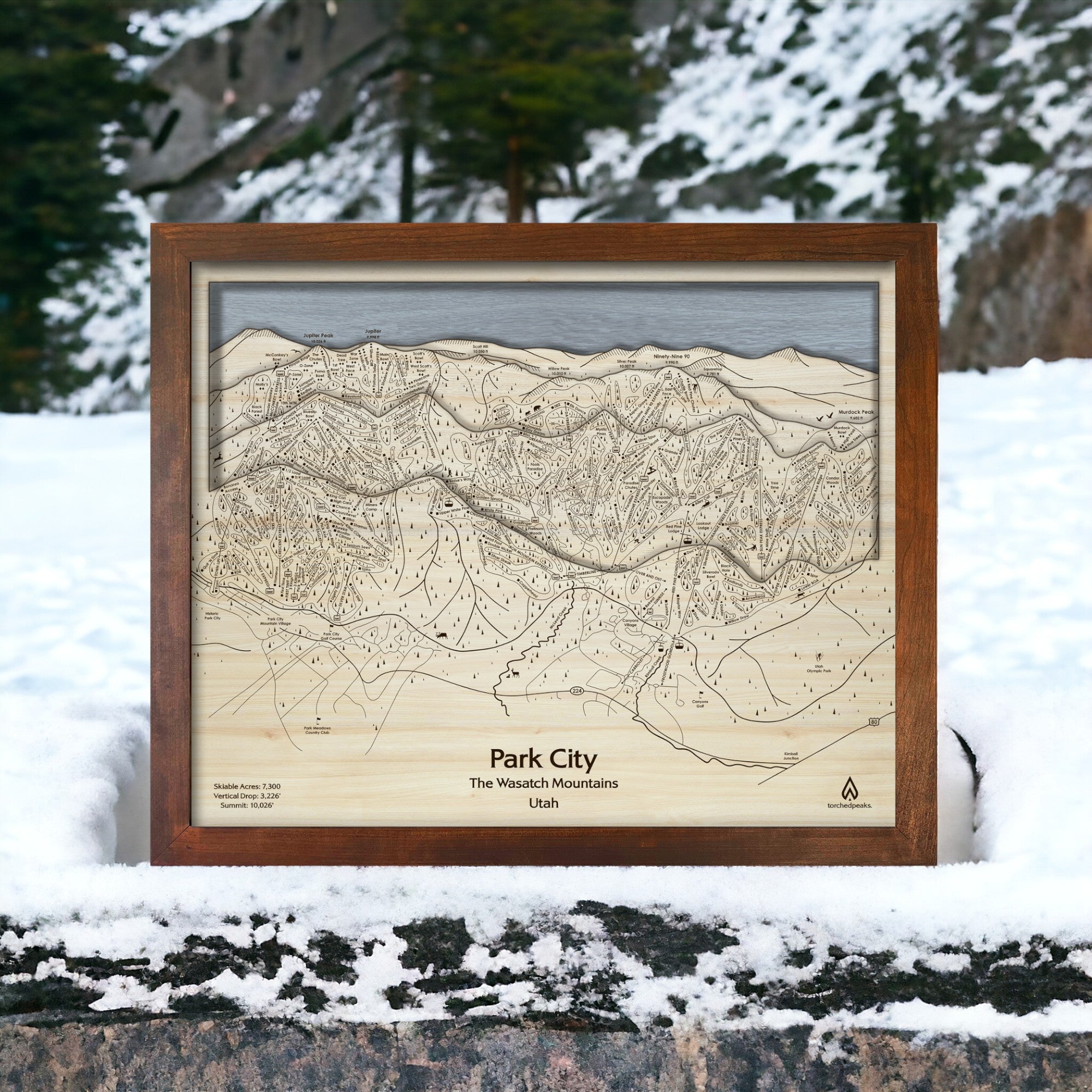 Park City Ski Slope Map laser-engraved in wood