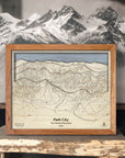 Park City Utah Ski Area Map, wood carved mountain art, ski cabin decor. 