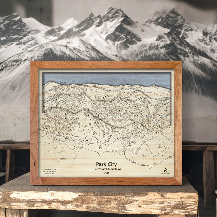 Park City Utah Ski Area Map, wood carved mountain art, ski cabin decor. 